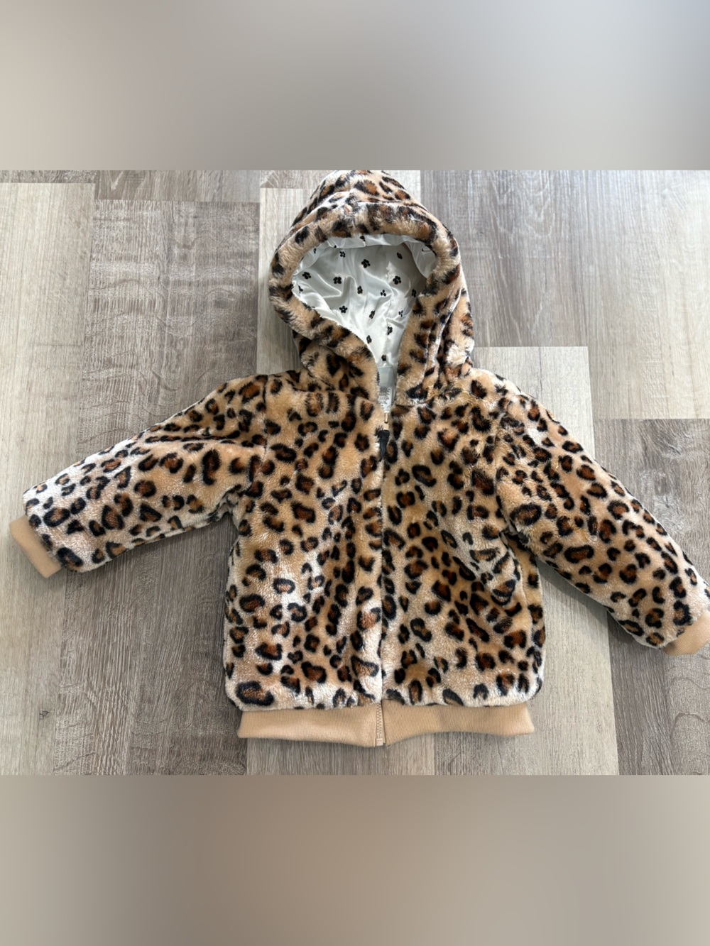 Little Me Leopard Faux-Fur Hooded Puffer Jacket in Tan and Brown
